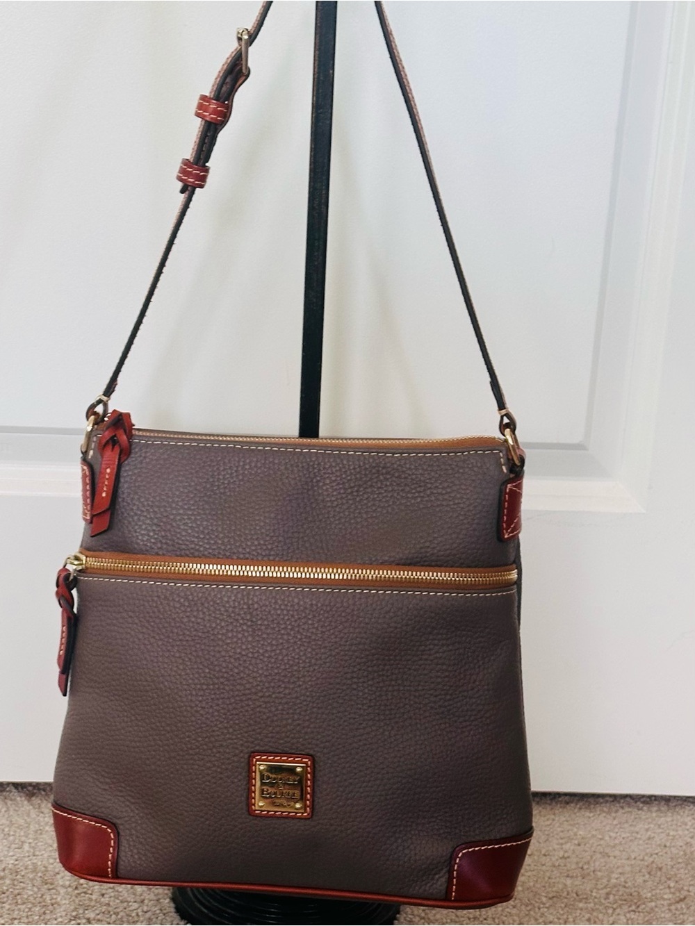 Dooney & Bourke Pebbled Leather Messenger Bag - Elephant w/Brown Bridle Trim